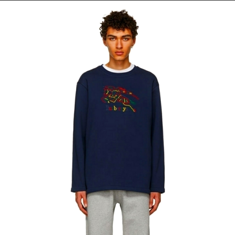 Burberry Navy Rainbow Check Knight Crest Sweatshirt, Color Navy Blue, Size XS